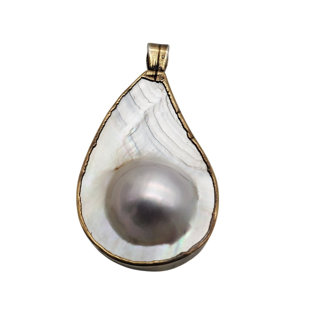 Mabe Blister Pearl Pendant Gold Vermeil Sterling Silver Large Teardrop Vintage